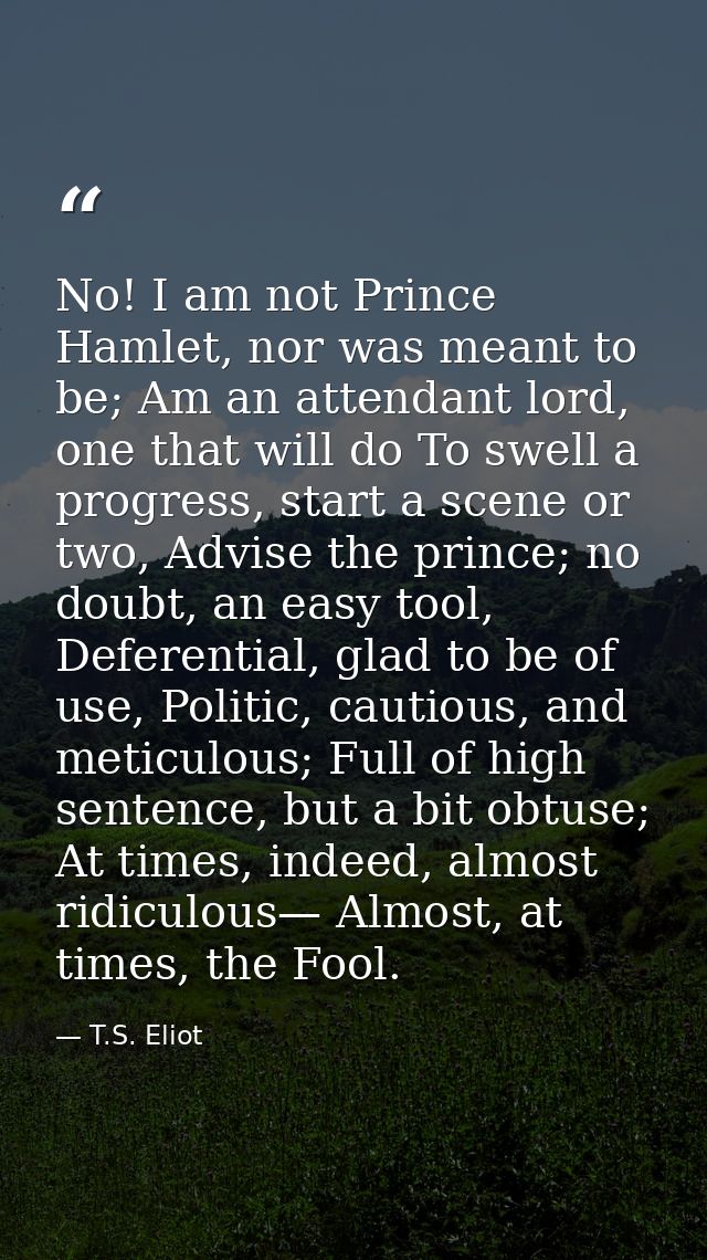 No! I am not Prince Hamlet, nor was meant to be; Am an attendant lord, one that will do To swell a progress, start a sce — T.S. Eliot