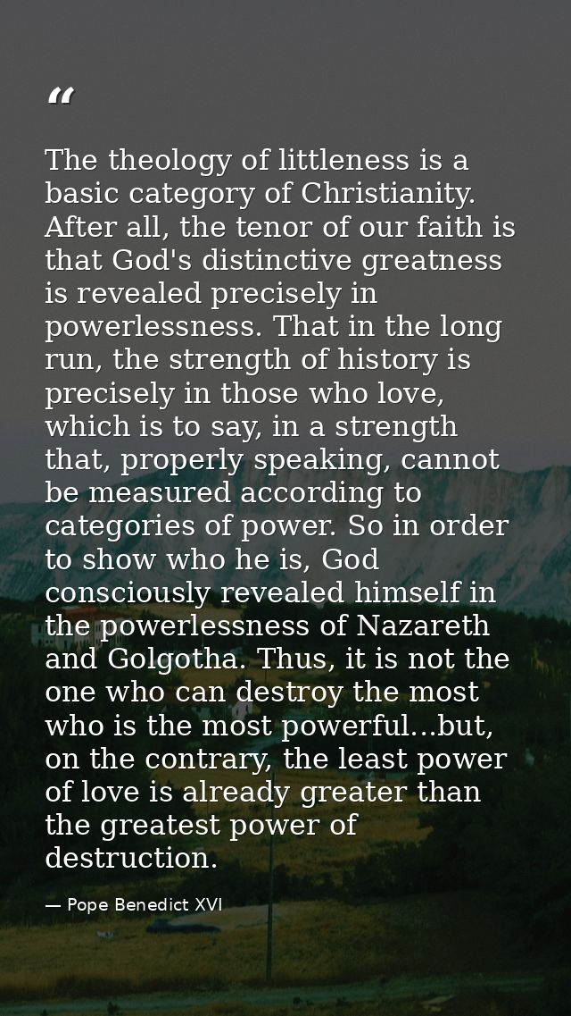 The theology of littleness is a basic category of Christianity. After all, the tenor of our faith is that God's distinct — Pope Benedict XVI