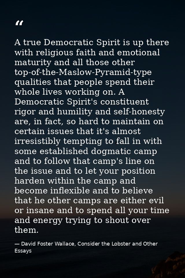 A true Democratic Spirit is up there with religious faith and emotional maturity and all those other top-of-the-Maslow-P — David Foster Wallace, Consider the Lobster and Other Essays