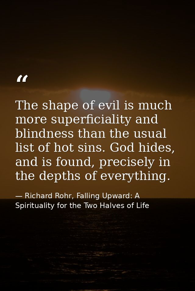 The shape of evil is much more superficiality and blindness than the usual list of hot sins. God hides, and is found, pr — Richard Rohr, Falling Upward: A Spirituality for the Two Halves of Life
