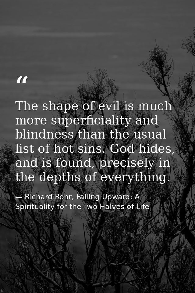 The shape of evil is much more superficiality and blindness than the usual list of hot sins. God hides, and is found, pr — Richard Rohr, Falling Upward: A Spirituality for the Two Halves of Life