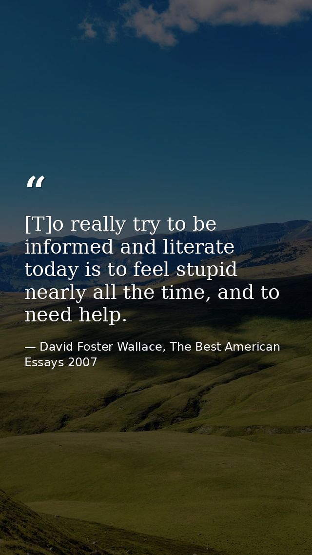 [T]o really try to be informed and literate today is to feel stupid nearly all the time, and to need help. — David Foster Wallace, The Best American Essays 2007