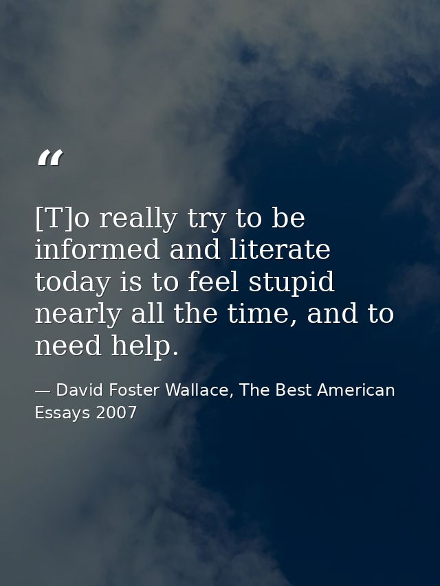 [T]o really try to be informed and literate today is to feel stupid nearly all the time, and to need help. — David Foster Wallace, The Best American Essays 2007