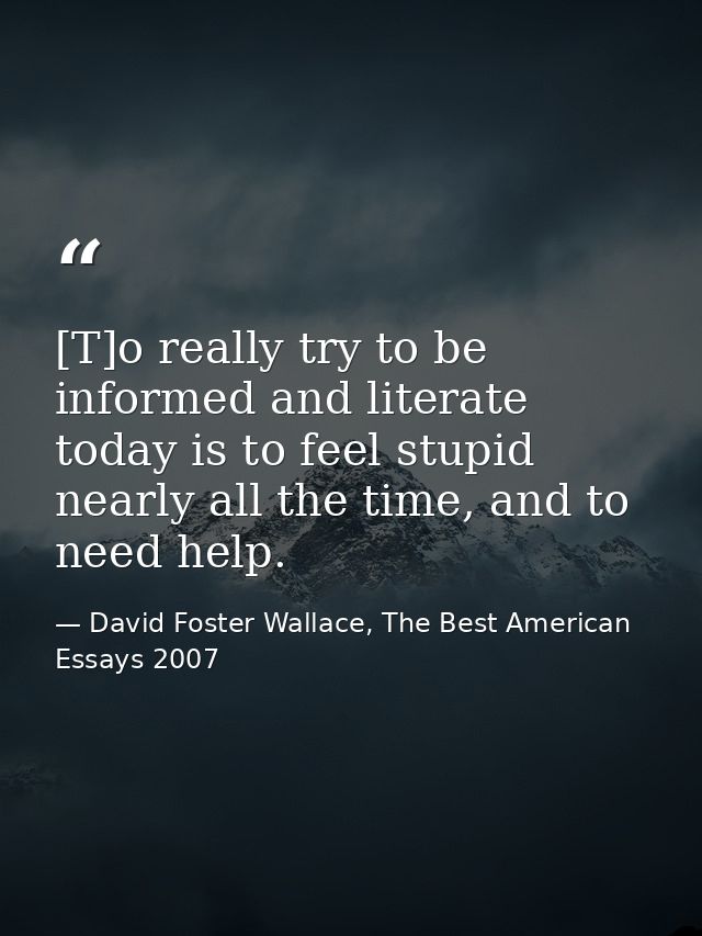[T]o really try to be informed and literate today is to feel stupid nearly all the time, and to need help. — David Foster Wallace, The Best American Essays 2007