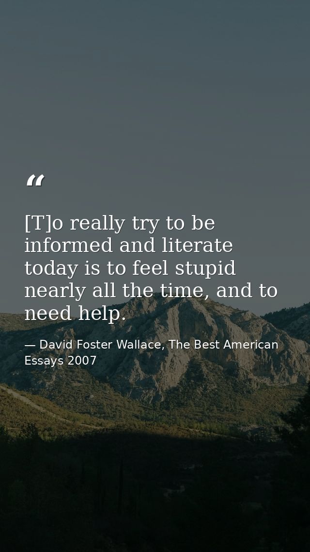 [T]o really try to be informed and literate today is to feel stupid nearly all the time, and to need help. — David Foster Wallace, The Best American Essays 2007