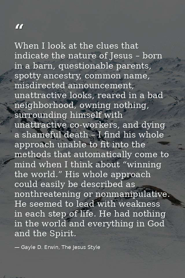 When I look at the clues that indicate the nature of Jesus – born in a barn, questionable parents, spotty ancestry, comm — Gayle D. Erwin, The Jesus Style
