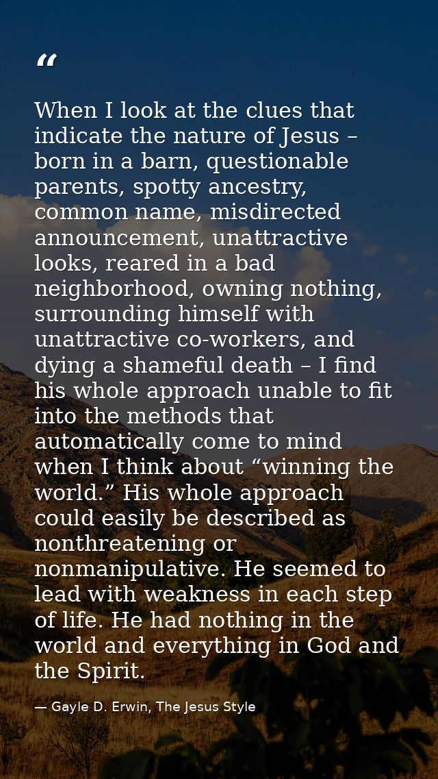 When I look at the clues that indicate the nature of Jesus – born in a barn, questionable parents, spotty ancestry, comm — Gayle D. Erwin, The Jesus Style
