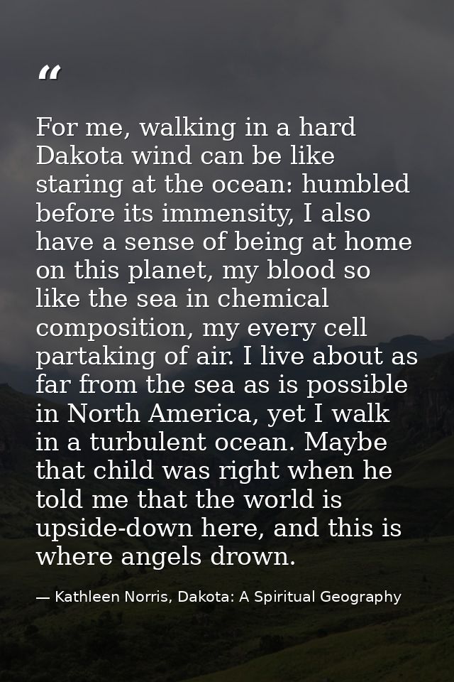 For me, walking in a hard Dakota wind can be like staring at the ocean: humbled before its immensity, I also have a sens — Kathleen Norris, Dakota: A Spiritual Geography