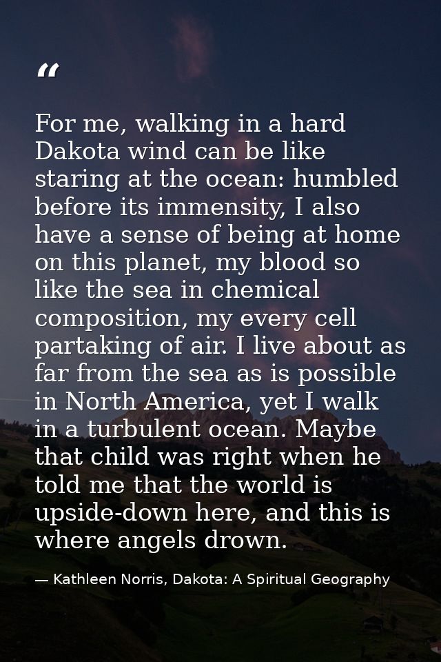 For me, walking in a hard Dakota wind can be like staring at the ocean: humbled before its immensity, I also have a sens — Kathleen Norris, Dakota: A Spiritual Geography