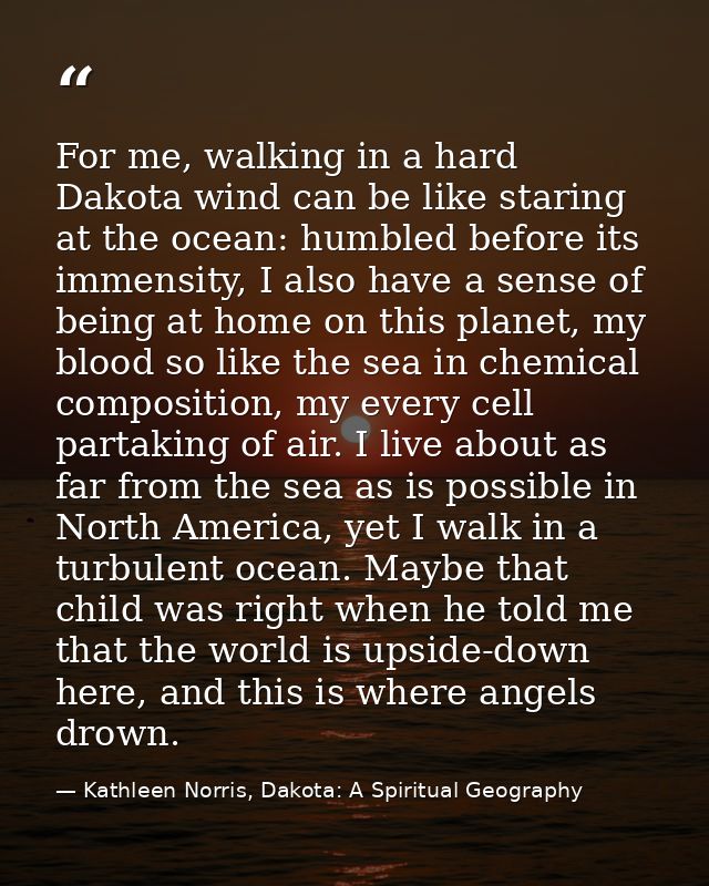 For me, walking in a hard Dakota wind can be like staring at the ocean: humbled before its immensity, I also have a sens — Kathleen Norris, Dakota: A Spiritual Geography