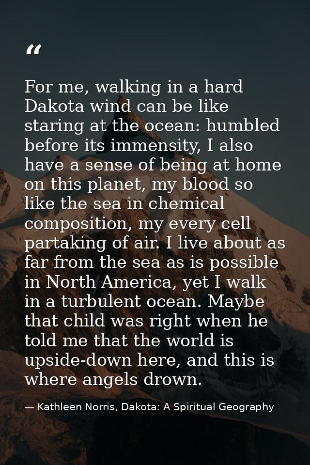 For me, walking in a hard Dakota wind can be like staring at the ocean: humbled before its immensity, I also have a sens — Kathleen Norris, Dakota: A Spiritual Geography
