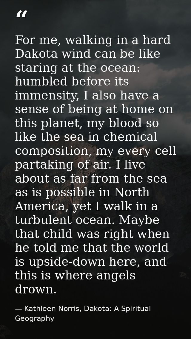 For me, walking in a hard Dakota wind can be like staring at the ocean: humbled before its immensity, I also have a sens — Kathleen Norris, Dakota: A Spiritual Geography