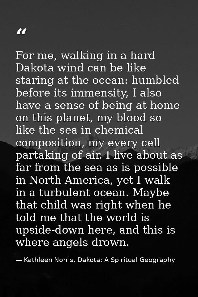 For me, walking in a hard Dakota wind can be like staring at the ocean: humbled before its immensity, I also have a sens — Kathleen Norris, Dakota: A Spiritual Geography