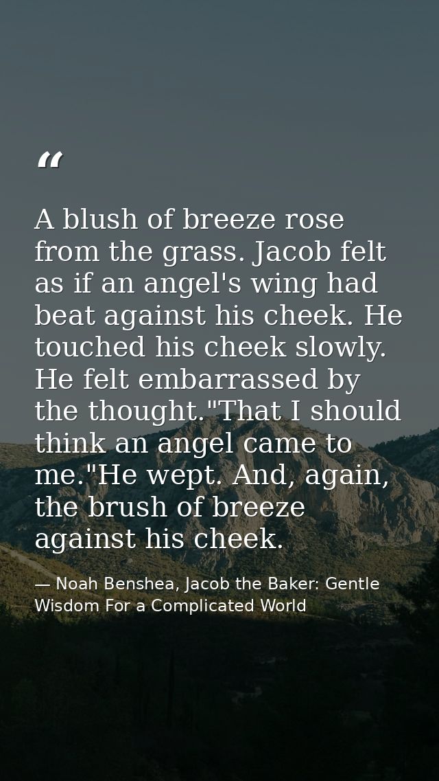 A blush of breeze rose from the grass. Jacob felt as if an angel's wing had beat against his cheek. He touched his cheek — Noah Benshea, Jacob the Baker: Gentle Wisdom For a Complicated World