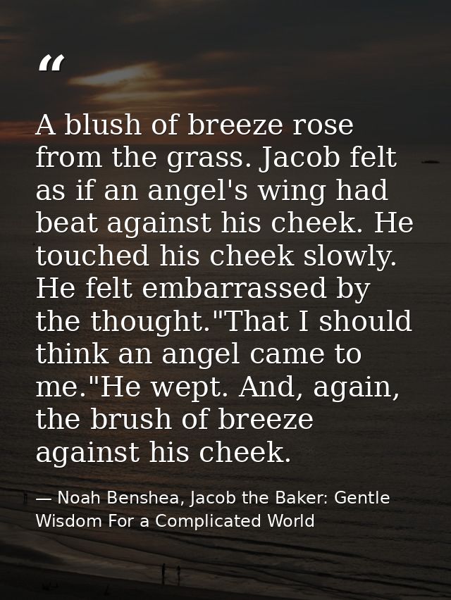 A blush of breeze rose from the grass. Jacob felt as if an angel's wing had beat against his cheek. He touched his cheek — Noah Benshea, Jacob the Baker: Gentle Wisdom For a Complicated World