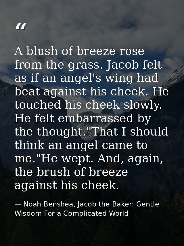 A blush of breeze rose from the grass. Jacob felt as if an angel's wing had beat against his cheek. He touched his cheek — Noah Benshea, Jacob the Baker: Gentle Wisdom For a Complicated World