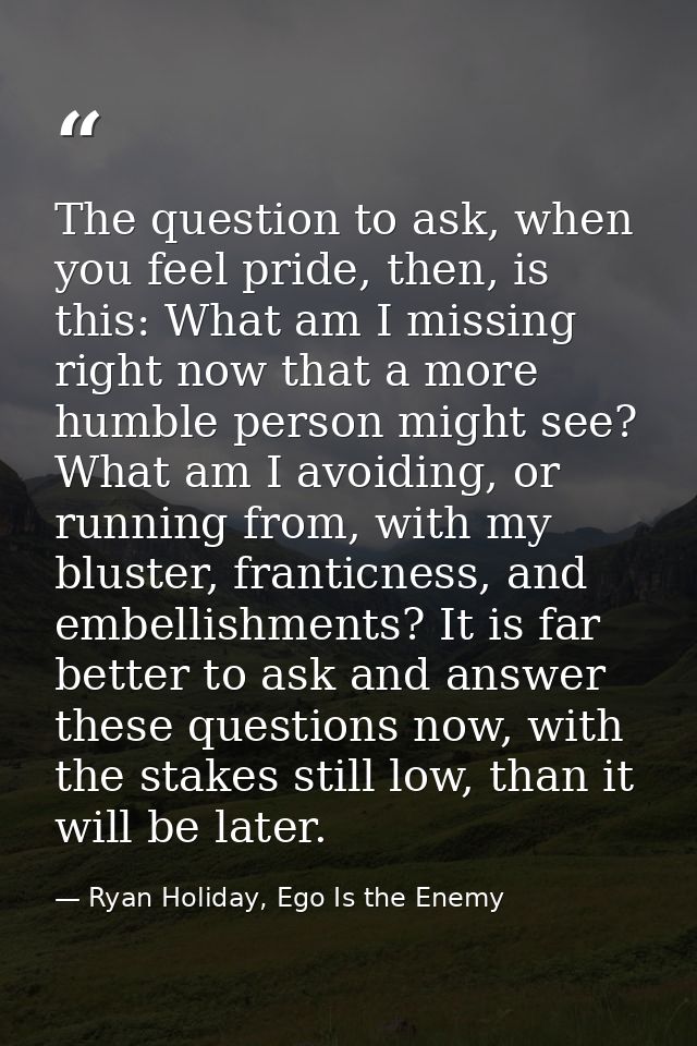 The question to ask, when you feel pride, then, is this: What am I missing right now that a more humble person might see — Ryan Holiday, Ego Is the Enemy
