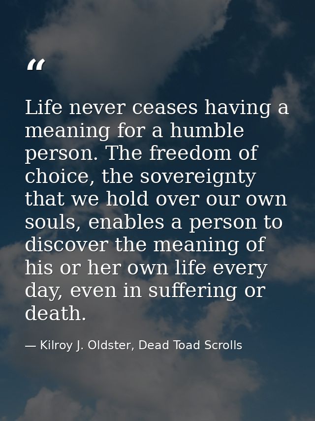 Life never ceases having a meaning for a humble person. The freedom of choice, the sovereignty that we hold over our own — Kilroy J. Oldster, Dead Toad Scrolls
