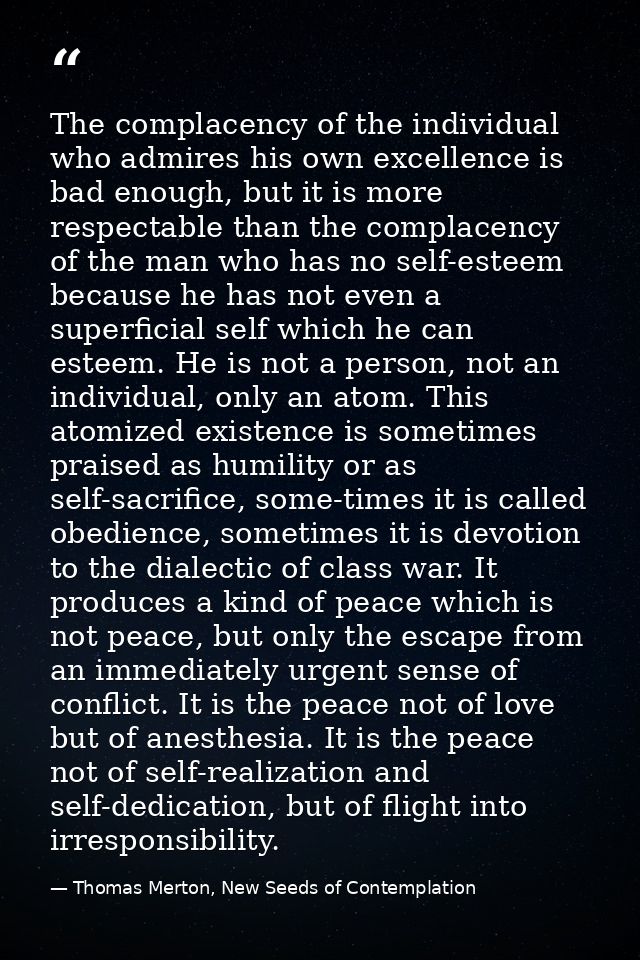 The complacency of the individual who admires his own excellence is bad enough, but it is more respectable than the comp — Thomas Merton, New Seeds of Contemplation
