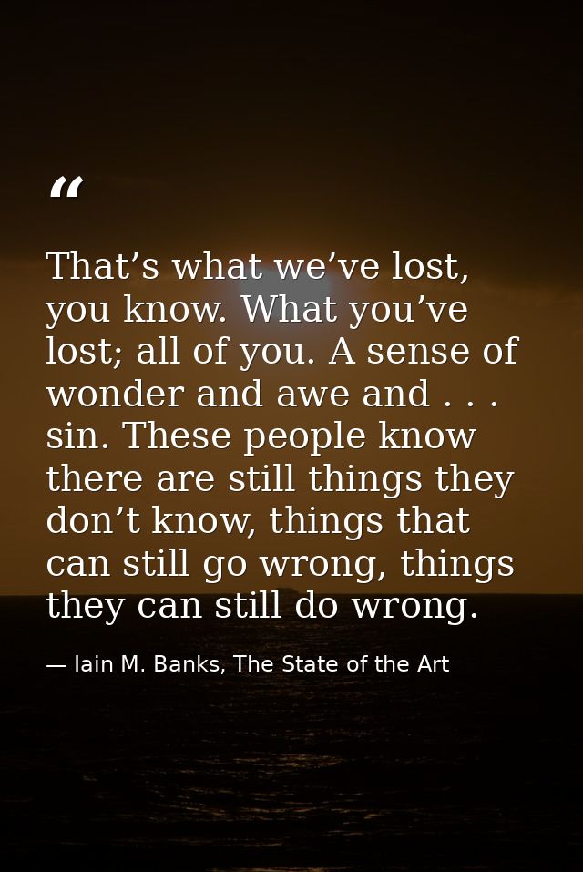 That’s what we’ve lost, you know. What you’ve lost; all of you. A sense of wonder and awe and . . . sin. These people kn — Iain M. Banks, The State of the Art