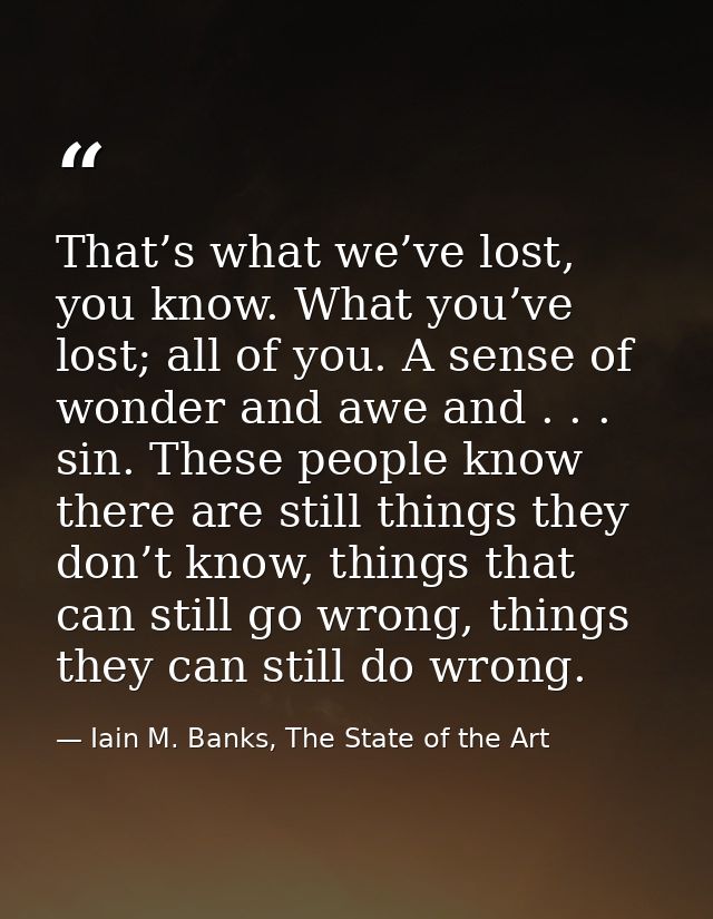 That’s what we’ve lost, you know. What you’ve lost; all of you. A sense of wonder and awe and . . . sin. These people kn — Iain M. Banks, The State of the Art