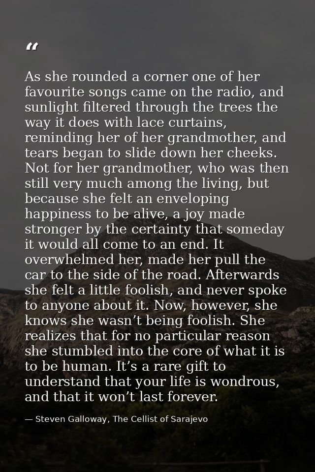 As she rounded a corner one of her favourite songs came on the radio, and sunlight filtered through the trees the way it — Steven Galloway, The Cellist of Sarajevo