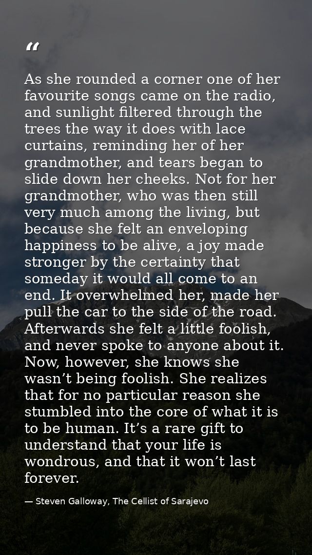 As she rounded a corner one of her favourite songs came on the radio, and sunlight filtered through the trees the way it — Steven Galloway, The Cellist of Sarajevo