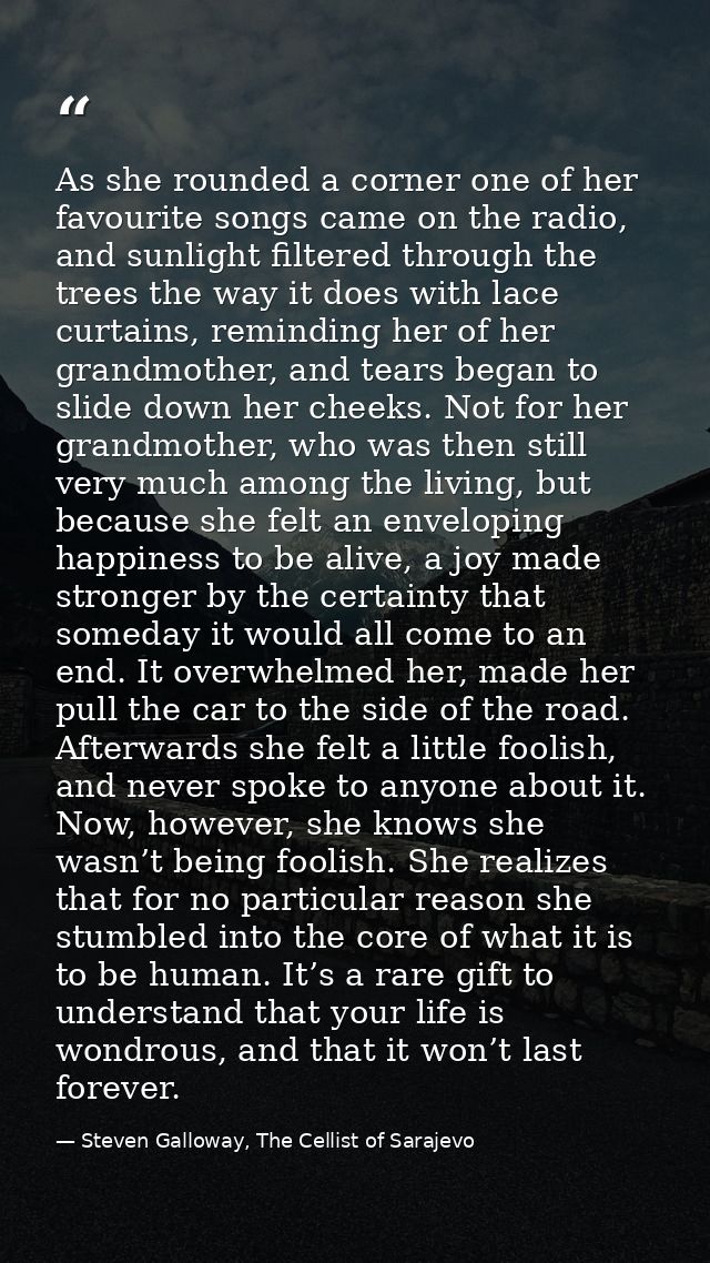 As she rounded a corner one of her favourite songs came on the radio, and sunlight filtered through the trees the way it — Steven Galloway, The Cellist of Sarajevo