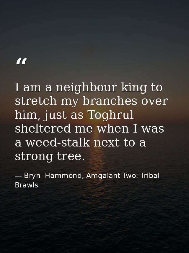 I am a neighbour king to stretch my branches over him, just as Toghrul sheltered me when I was a weed-stalk next to a st — Bryn  Hammond, Amgalant Two: Tribal Brawls
