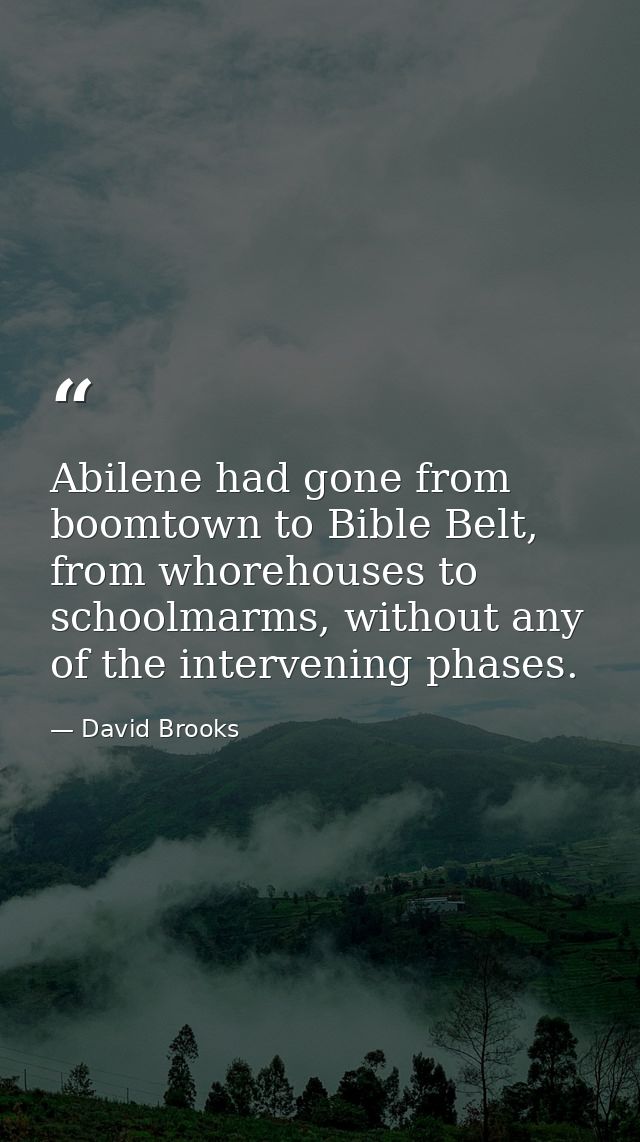 Abilene had gone from boomtown to Bible Belt, from whorehouses to schoolmarms, without any of the intervening phases. — David Brooks