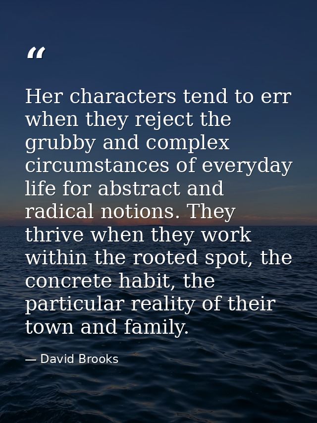 Her characters tend to err when they reject the grubby and complex circumstances of everyday life for abstract and radic — David Brooks