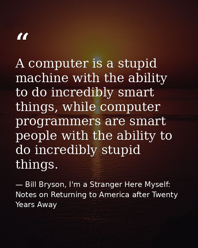 A computer is a stupid machine with the ability to do incredibly smart things, while computer programmers are smart peop — Bill Bryson, I'm a Stranger Here Myself: Notes on Returning to America after Twenty Years Away