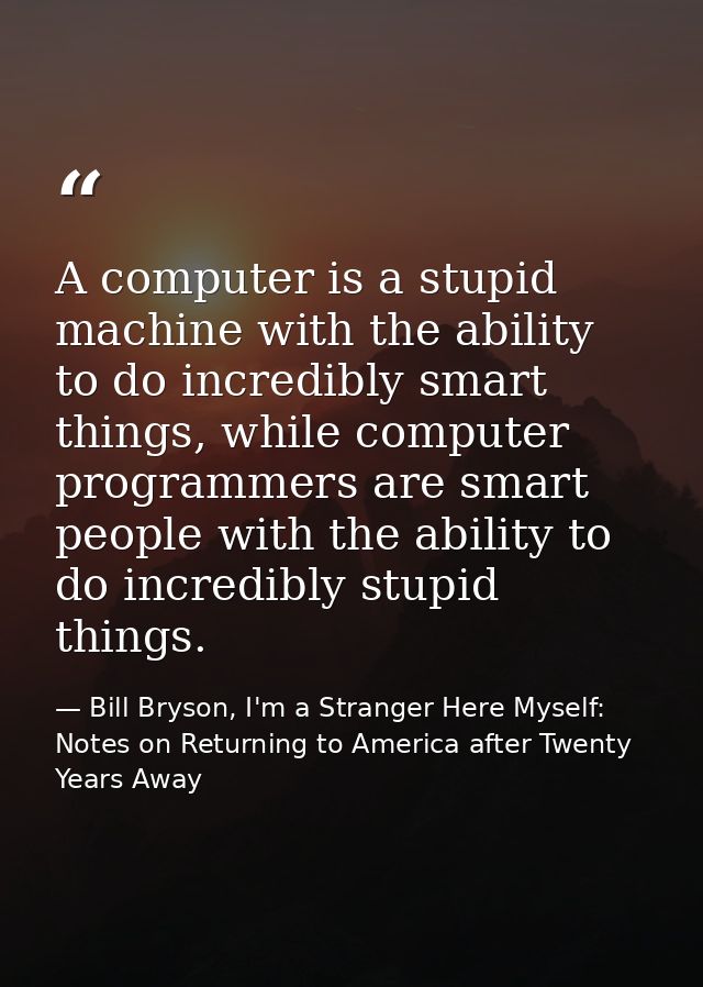 A computer is a stupid machine with the ability to do incredibly smart things, while computer programmers are smart peop — Bill Bryson, I'm a Stranger Here Myself: Notes on Returning to America after Twenty Years Away