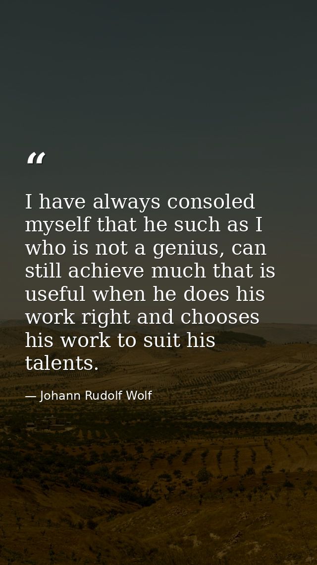 I have always consoled myself that he such as I who is not a genius, can still achieve much that is useful when he does  — Johann Rudolf Wolf