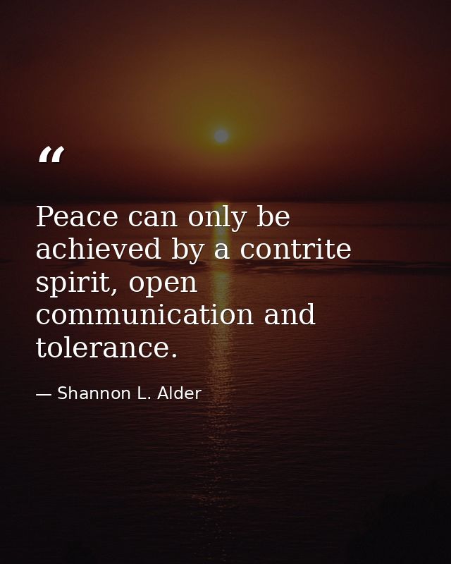 Peace can only be achieved by a contrite spirit, open communication and tolerance. — Shannon L. Alder