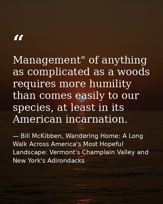 Management" of anything as complicated as a woods requires more humility than comes easily to our species, at least in i — Bill McKibben, Wandering Home: A Long Walk Across America's Most Hopeful Landscape: Vermont's Champlain Valley and New York's Adirondacks