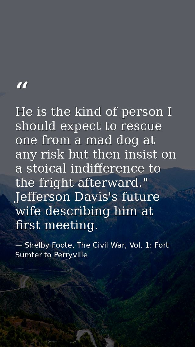 He is the kind of person I should expect to rescue one from a mad dog at any risk but then insist on a stoical indiffere — Shelby Foote, The Civil War, Vol. 1: Fort Sumter to Perryville
