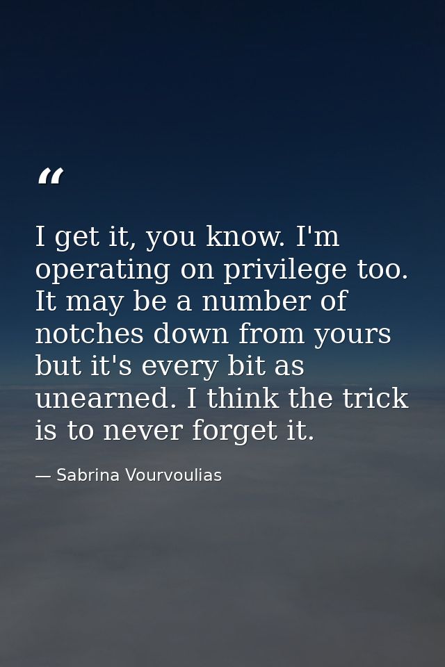 I get it, you know. I'm operating on privilege too. It may be a number of notches down from yours but it's every bit as  — Sabrina Vourvoulias