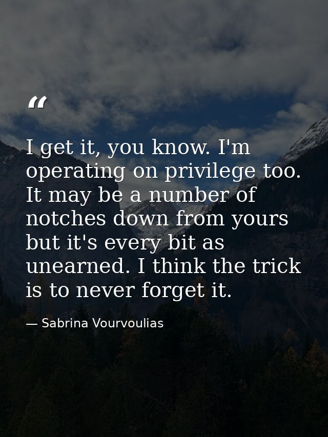 I get it, you know. I'm operating on privilege too. It may be a number of notches down from yours but it's every bit as  — Sabrina Vourvoulias