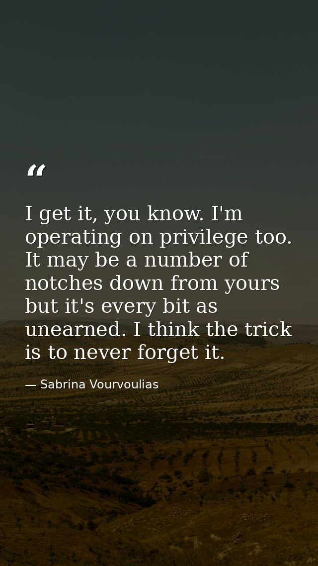 I get it, you know. I'm operating on privilege too. It may be a number of notches down from yours but it's every bit as  — Sabrina Vourvoulias