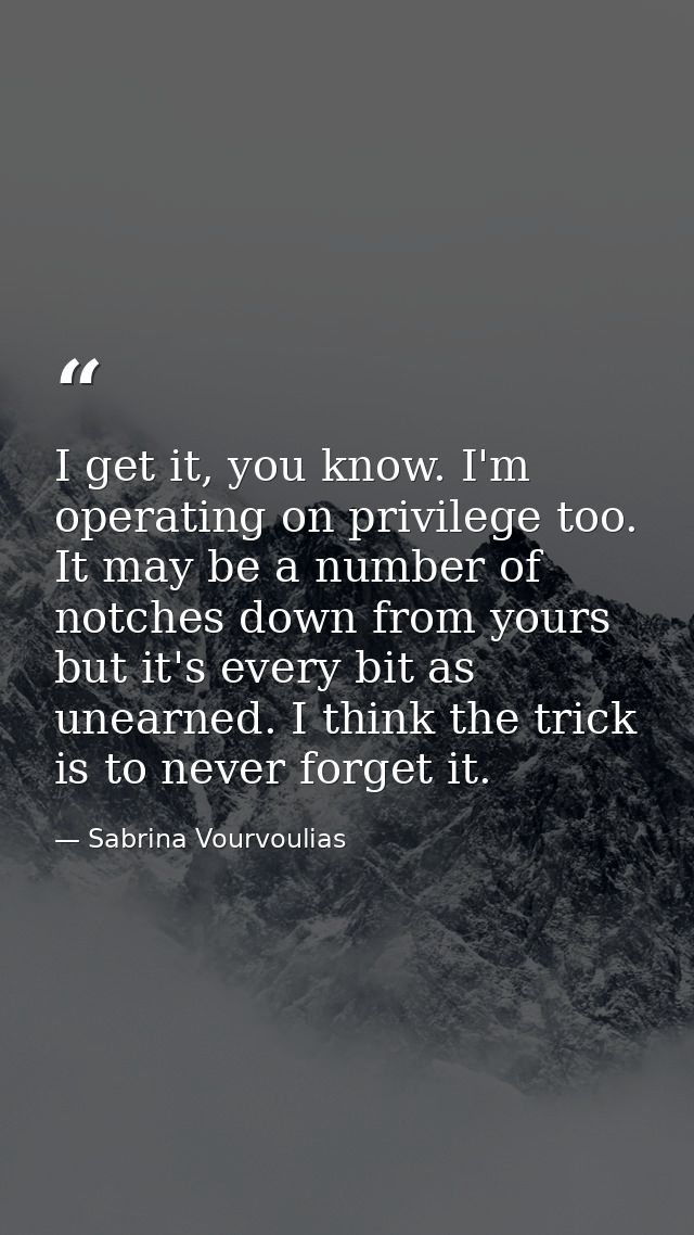 I get it, you know. I'm operating on privilege too. It may be a number of notches down from yours but it's every bit as  — Sabrina Vourvoulias