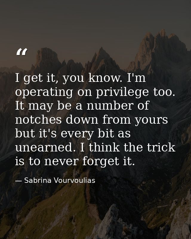 I get it, you know. I'm operating on privilege too. It may be a number of notches down from yours but it's every bit as  — Sabrina Vourvoulias