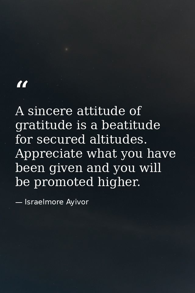 A sincere attitude of gratitude is a beatitude for secured altitudes. Appreciate what you have been given and you will b — Israelmore Ayivor
