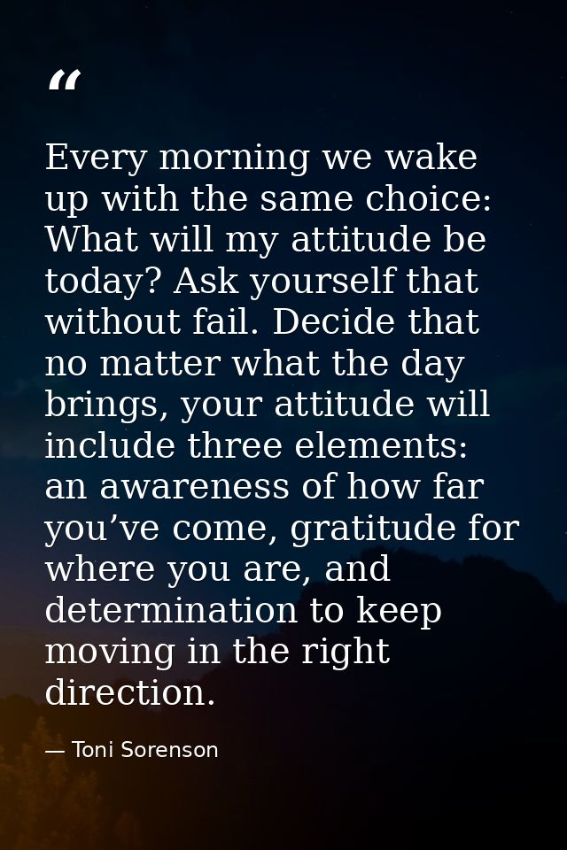 Every morning we wake up with the same choice: What will my attitude be today? Ask yourself that without fail. Decide th — Toni Sorenson