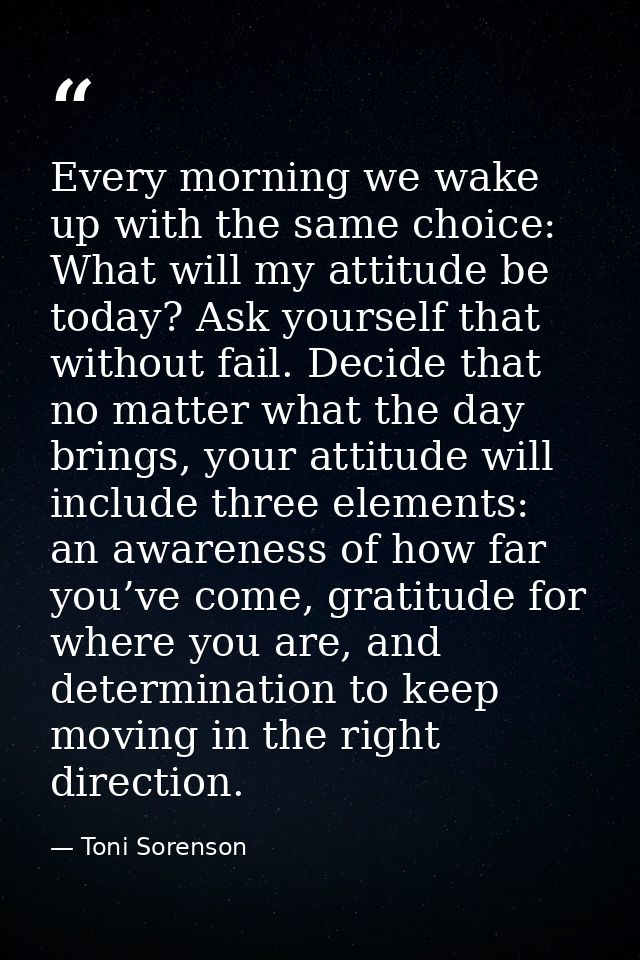 Every morning we wake up with the same choice: What will my attitude be today? Ask yourself that without fail. Decide th — Toni Sorenson