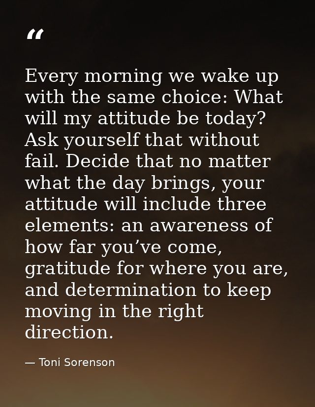 Every morning we wake up with the same choice: What will my attitude be today? Ask yourself that without fail. Decide th — Toni Sorenson