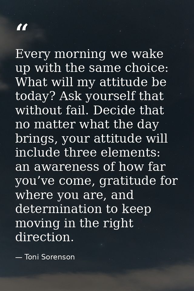 Every morning we wake up with the same choice: What will my attitude be today? Ask yourself that without fail. Decide th — Toni Sorenson