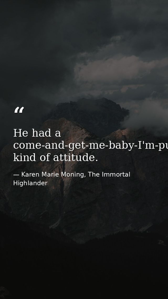 He had a come-and-get-me-baby-I'm-pure-trouble-and-you're-gonna-love-it kind of attitude. — Karen Marie Moning, The Immortal Highlander