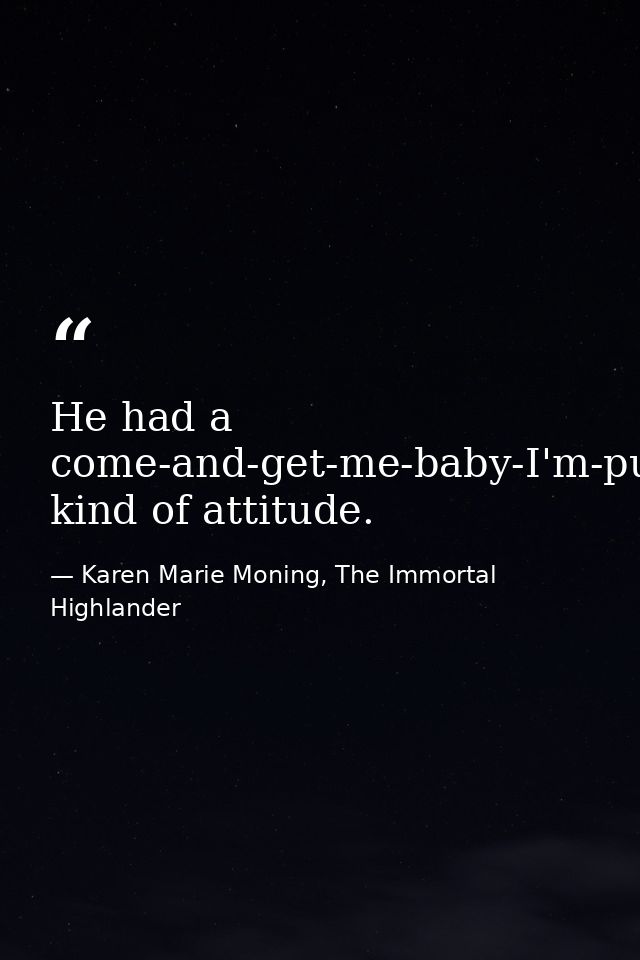 He had a come-and-get-me-baby-I'm-pure-trouble-and-you're-gonna-love-it kind of attitude. — Karen Marie Moning, The Immortal Highlander