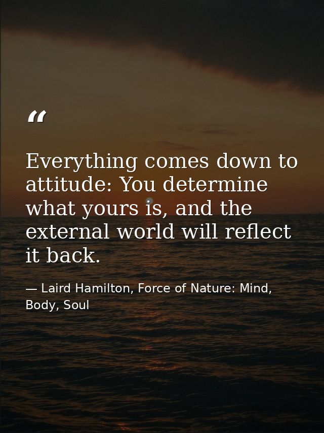 Everything comes down to attitude: You determine what yours is, and the external world will reflect it back. — Laird Hamilton, Force of Nature: Mind, Body, Soul
